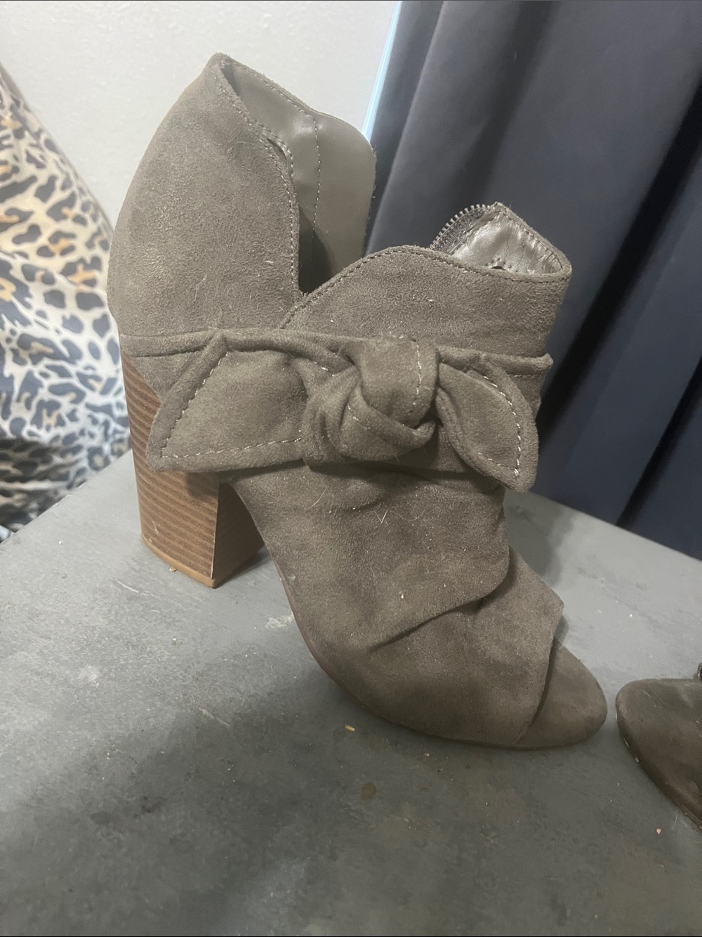 Indigo Taupe Suede Knot Peep-Toe Block Heel Boots